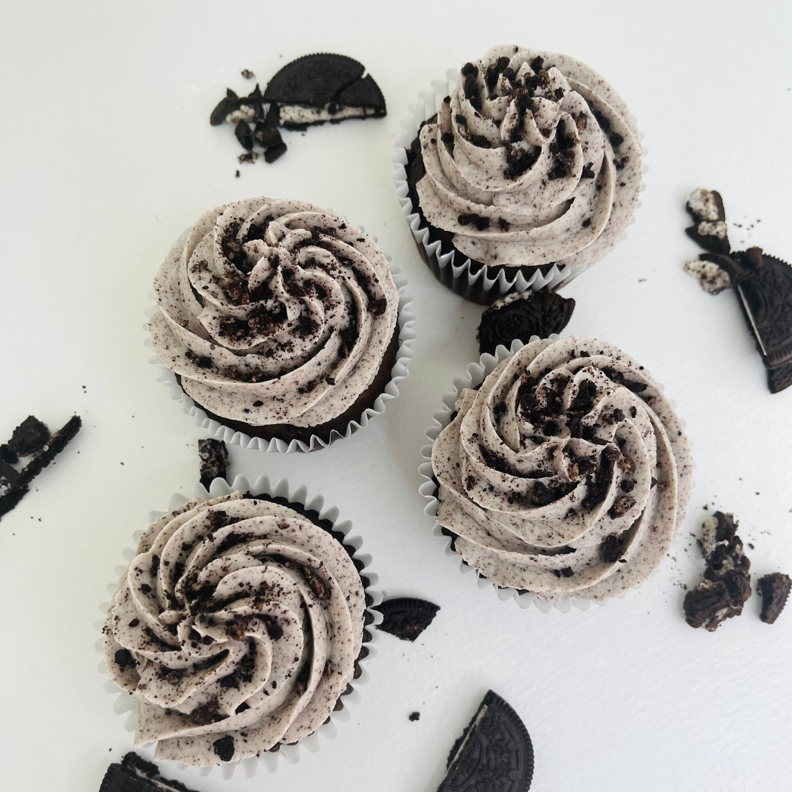 Chocolate Cupcake with Cookies & Cream Frosting and Topped with Chocolate Chip Morsels.