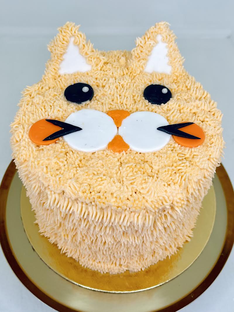 Cat-shaped cake with orange frosting on a gray background