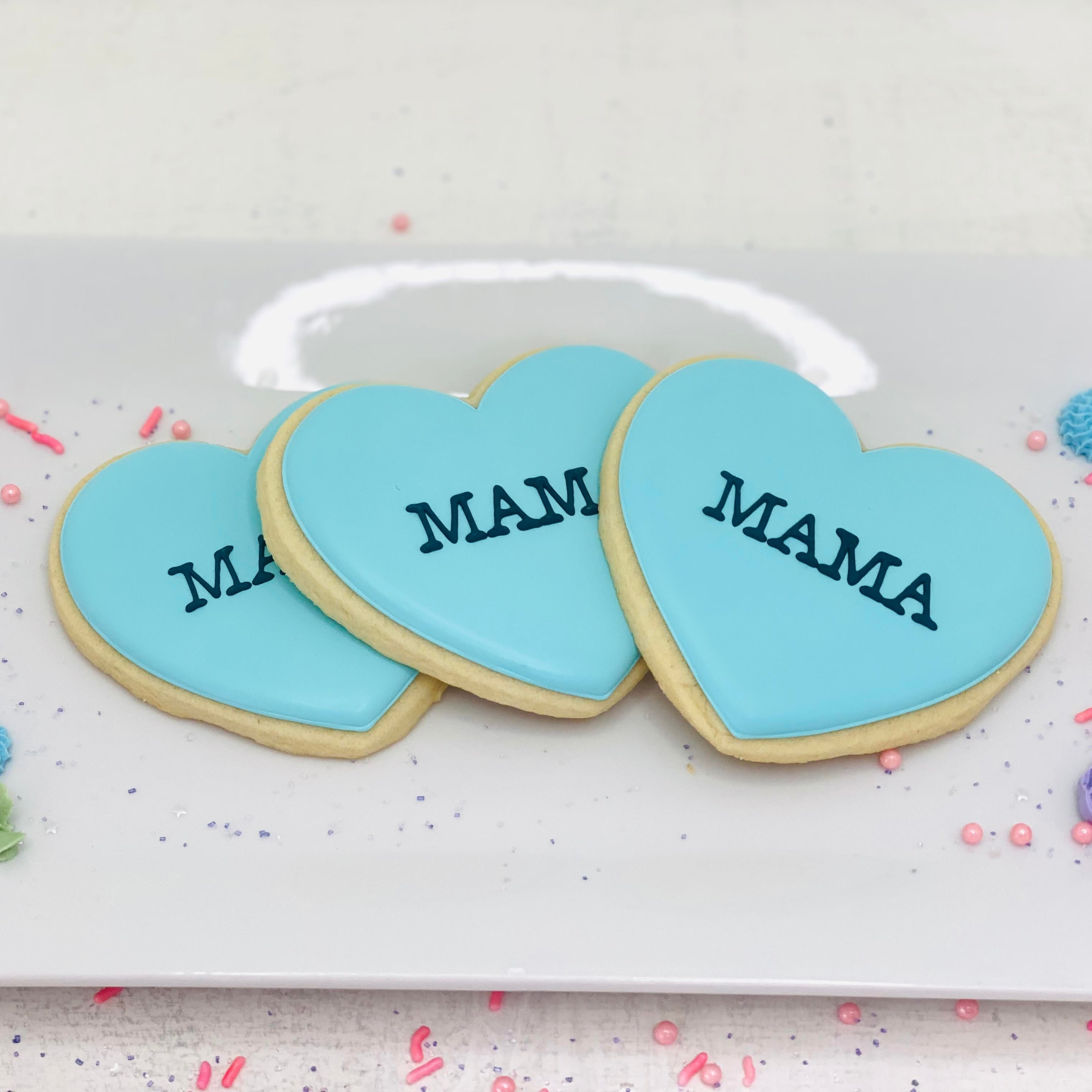 Blue Heart Mama Written Royal Iced Cookies