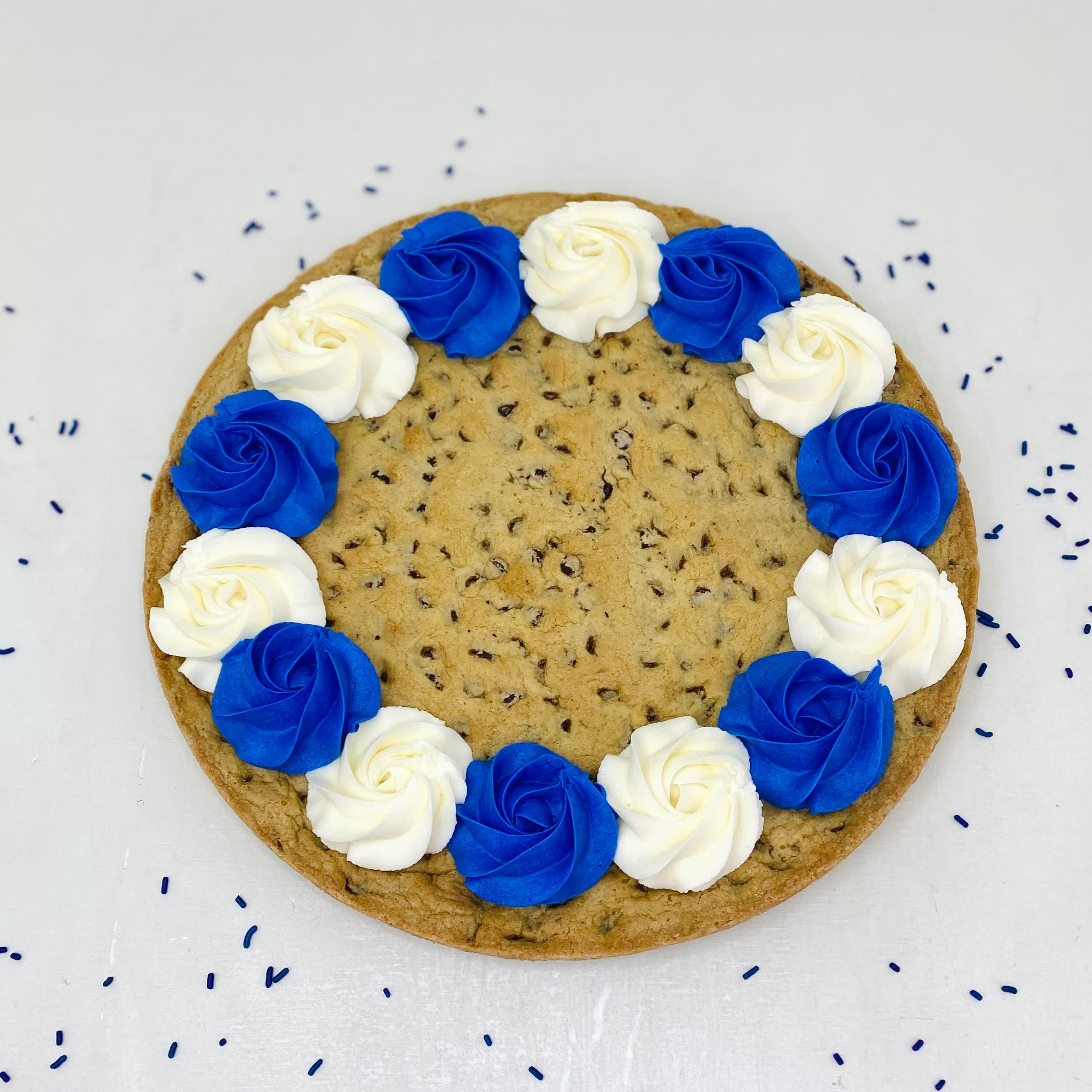 Blue and White Round Chocolate Chip Cookie Cake