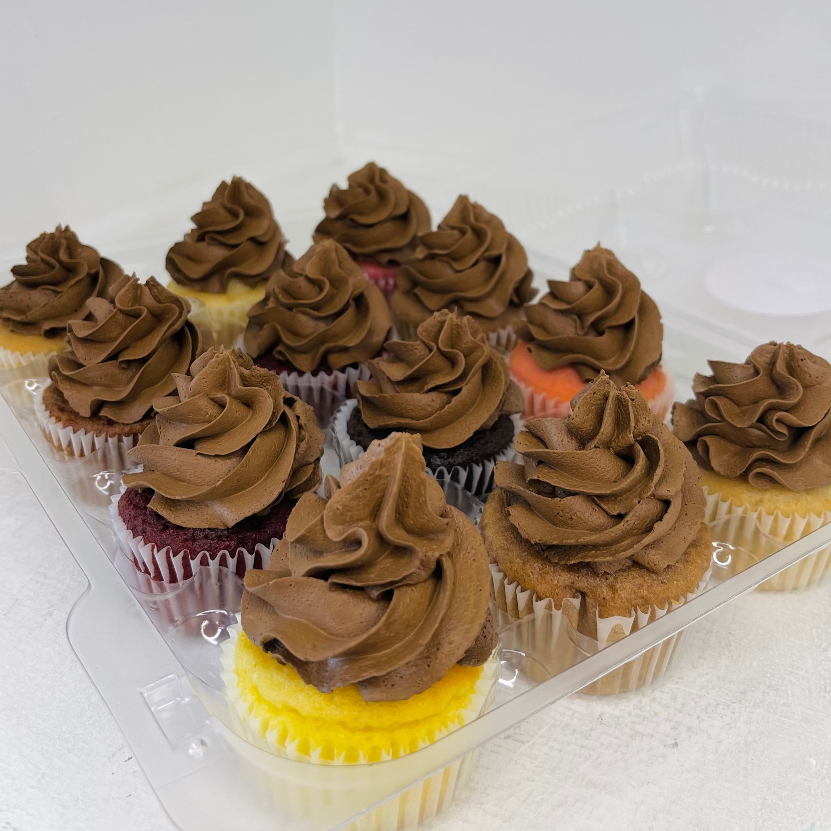 Plastic tray with cupcakes frosted with chocolate icing on a white background