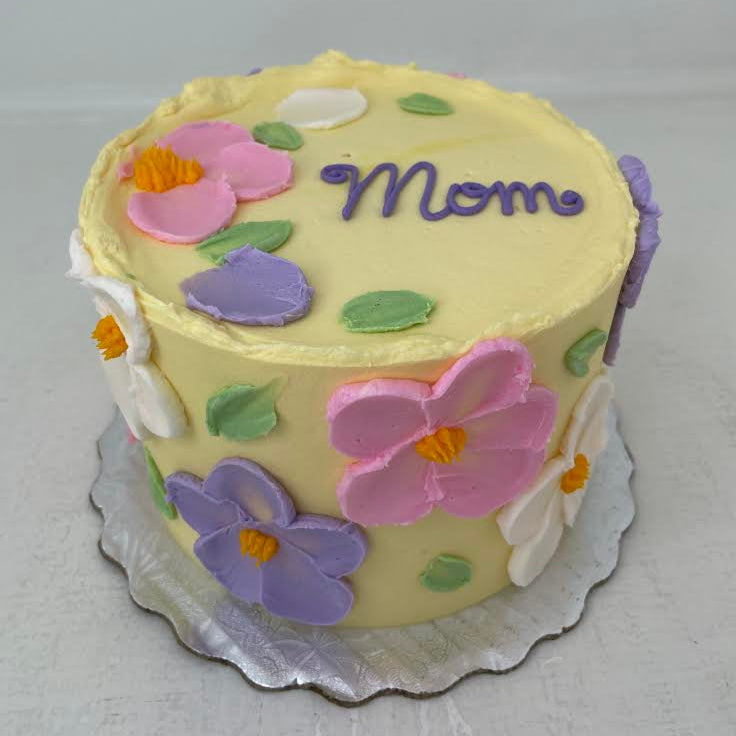 Mother’s Day Yellow Floral 6" Cake – Lemon & Raspberry- Lavender Mom script