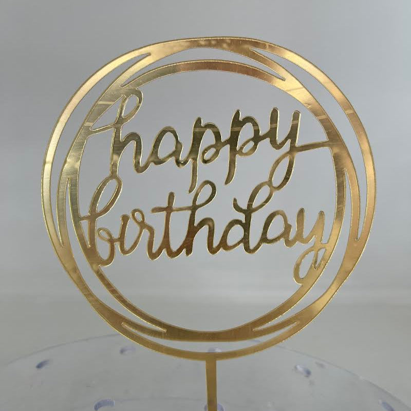 Round gold cursive happy birthday cake topper