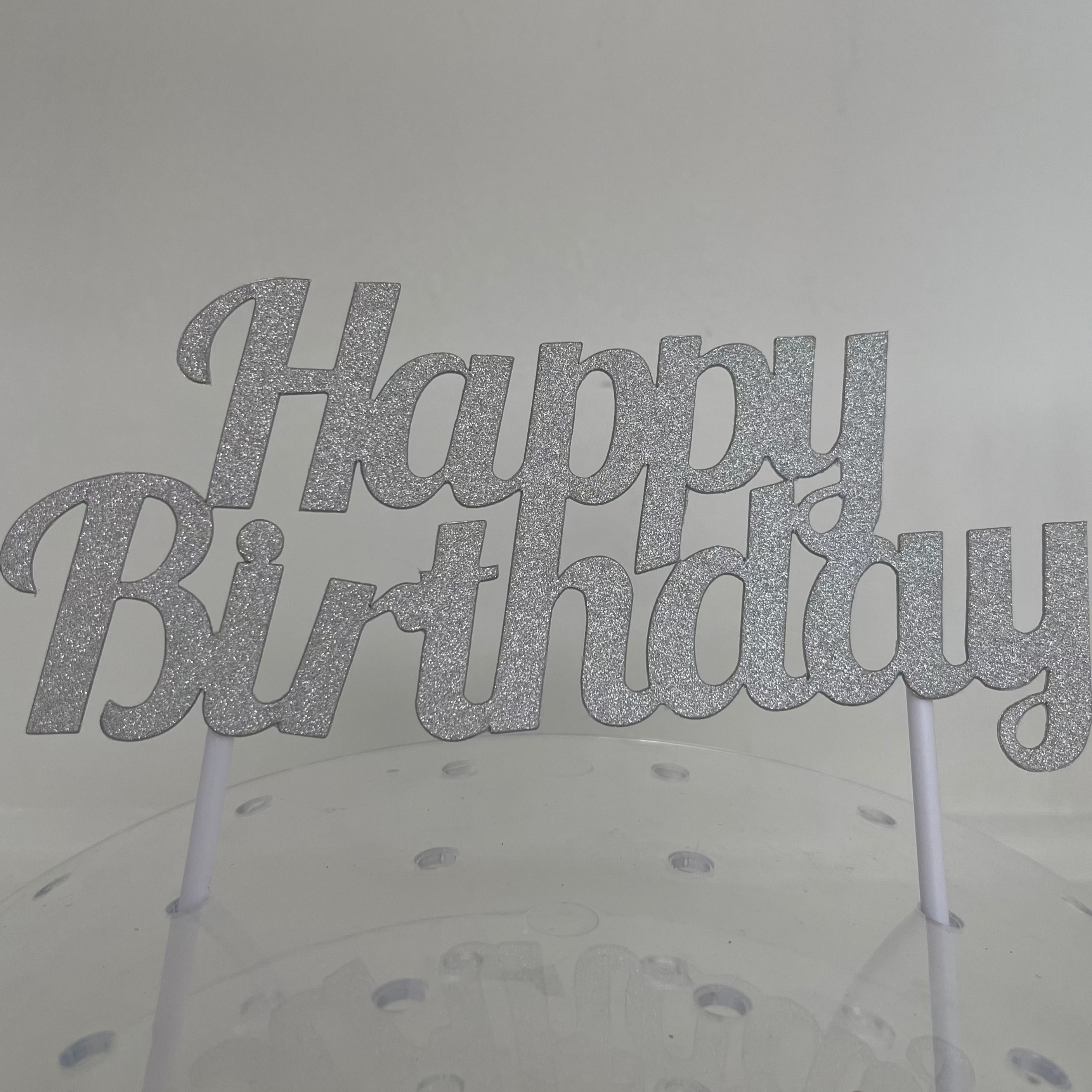 Silver Glitter Happy Birthday Cake Topper