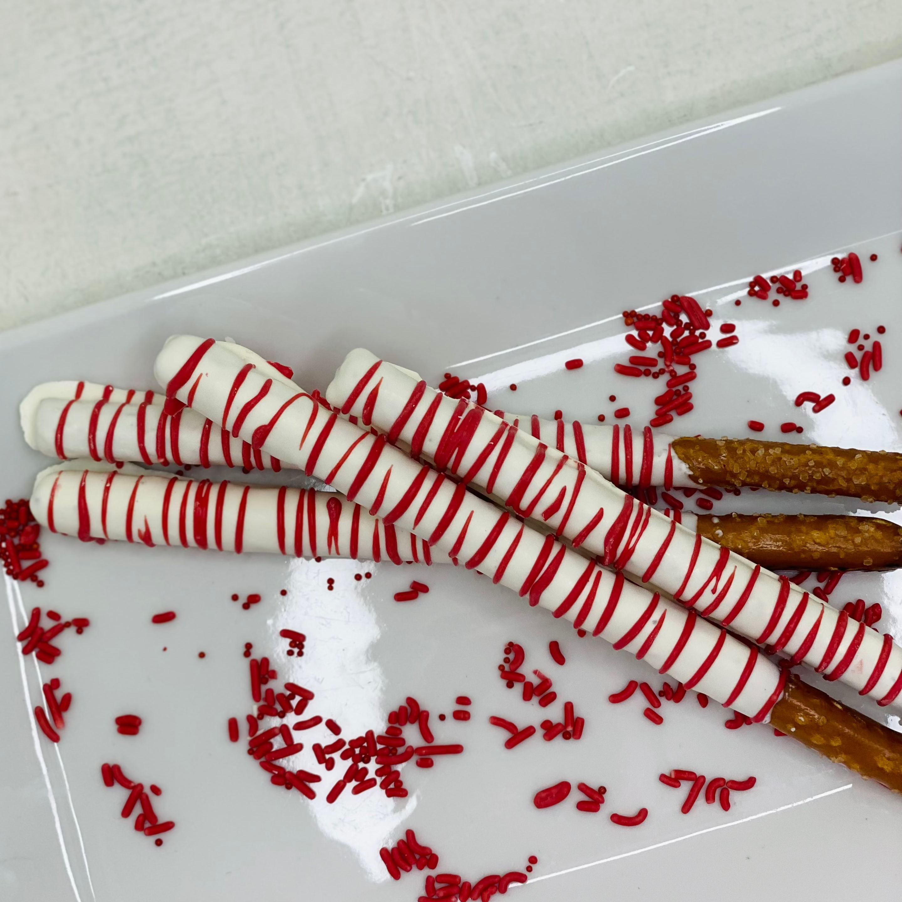 White & Red Chocolate Dipped Pretzel Rods