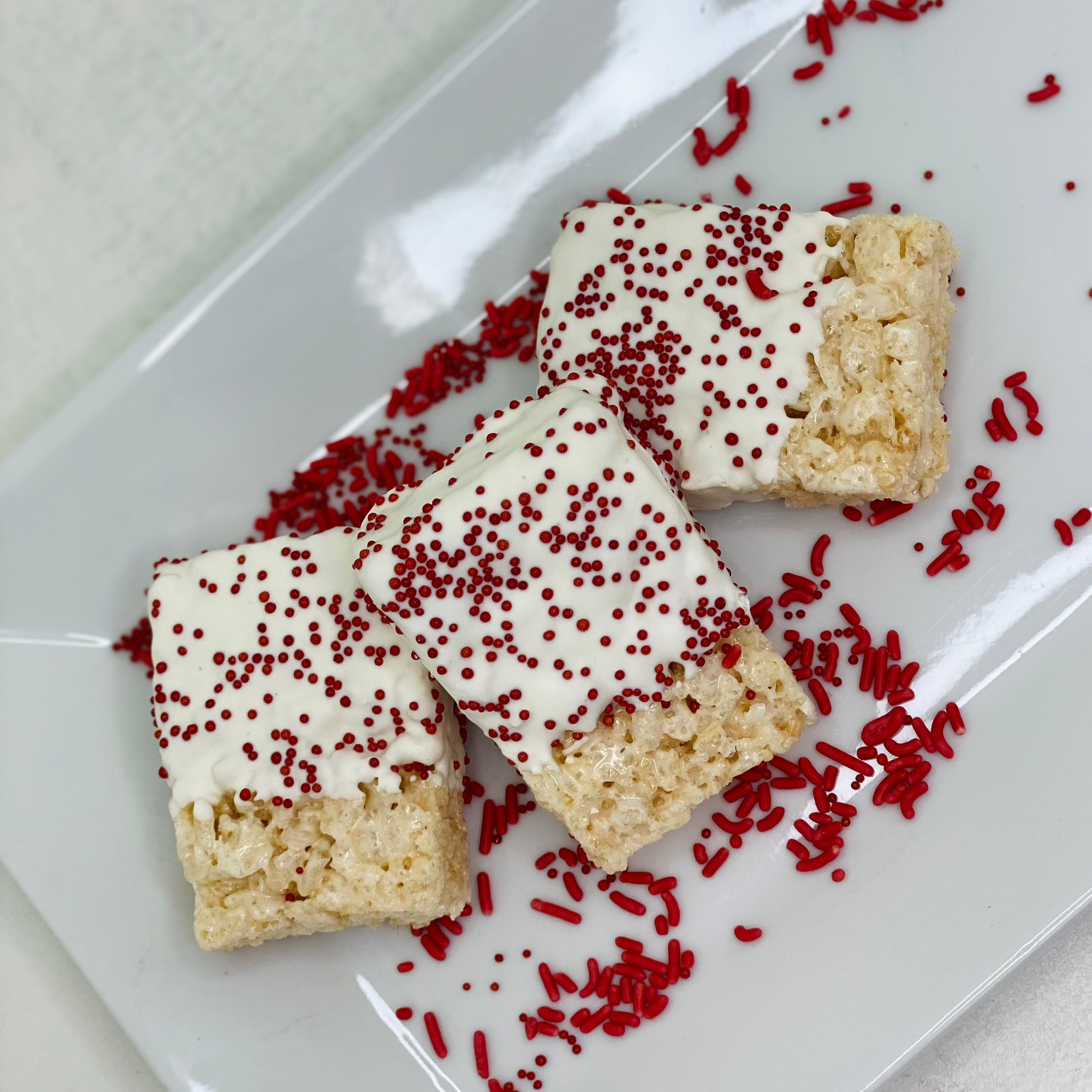 White & Red Chocolate Dipped Rice Krispy Treats