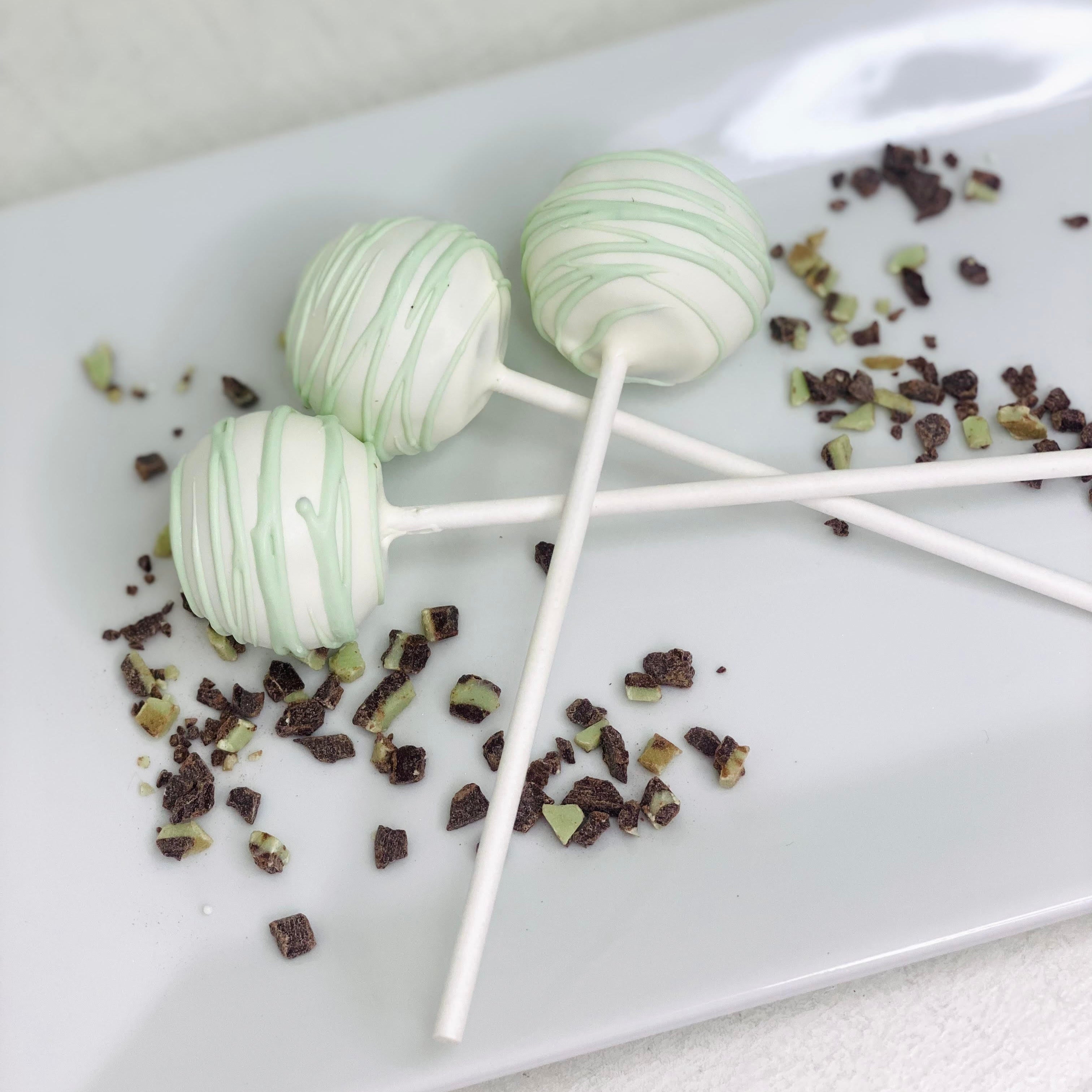 White with Light Green Drizzle Andes Mint Cake Pops