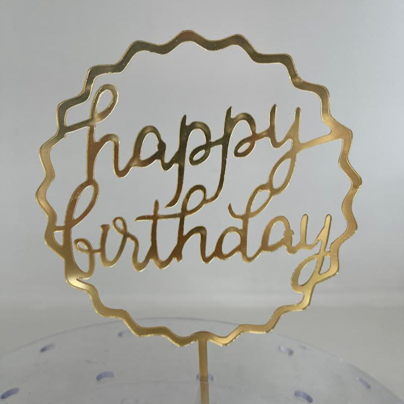 squiggly gold cursive happy birthday cake topper
